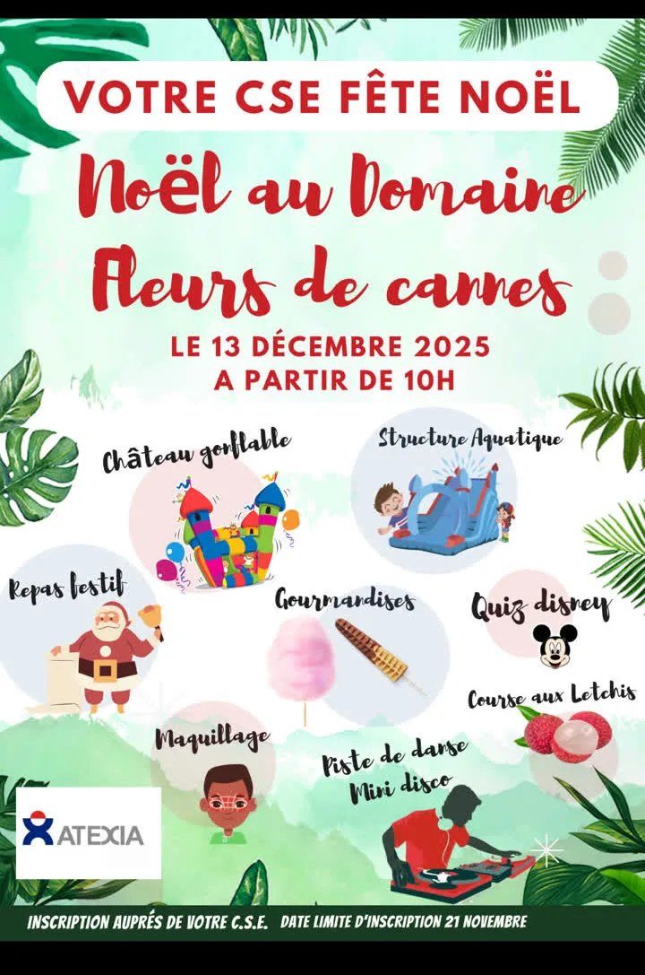 Affiche du Noël du CSE au Domaine Fleurs de cannes à La Réunion, animé par Pull Up Événements
